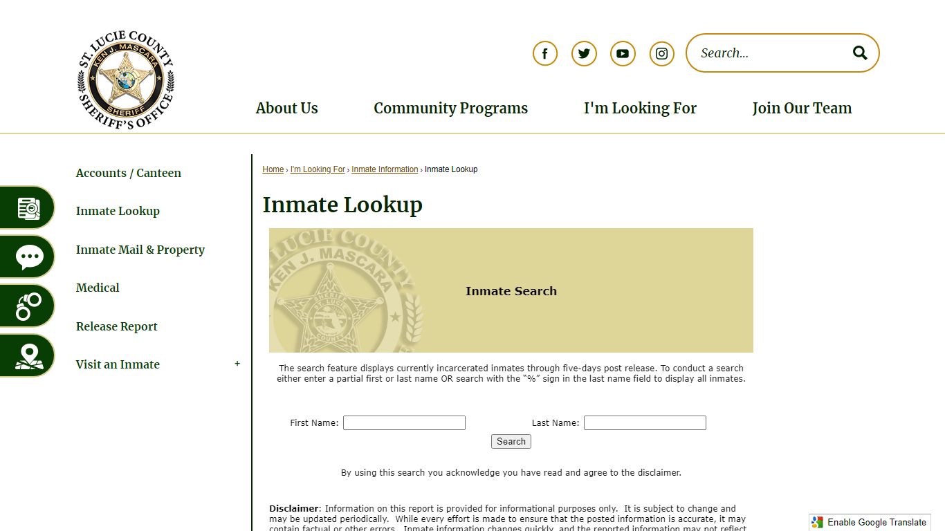 Inmate Lookup | St. Lucie Co Sheriff's Office, FL